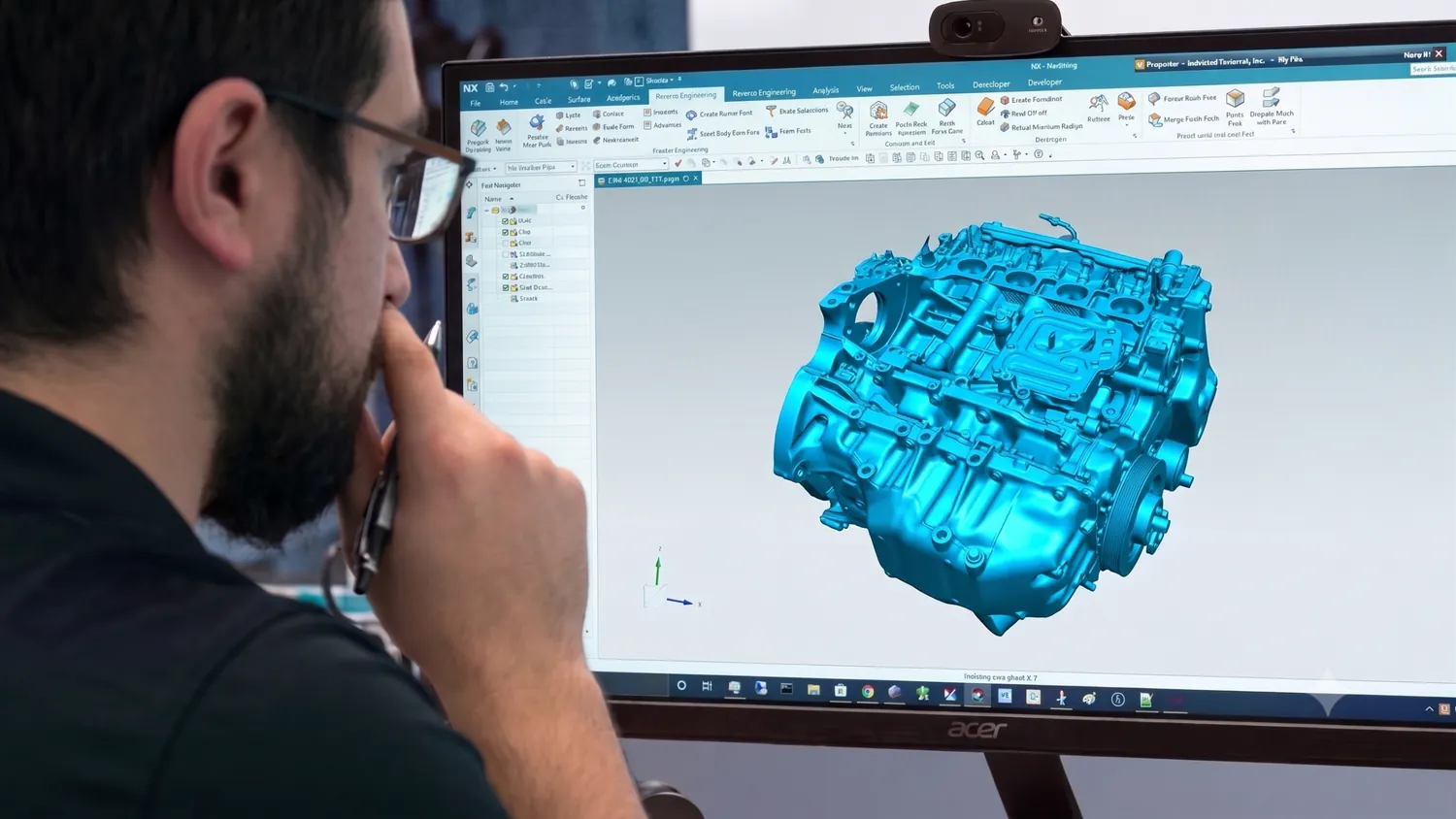 Modelo CAD de una pieza de motor en pantalla durante el diseño