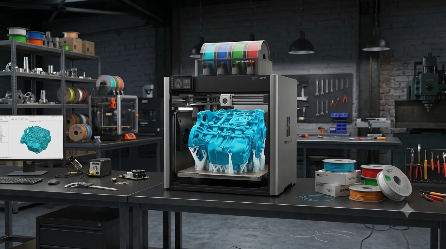Impresora 3D fabricando una pieza en el taller de Drive Forge