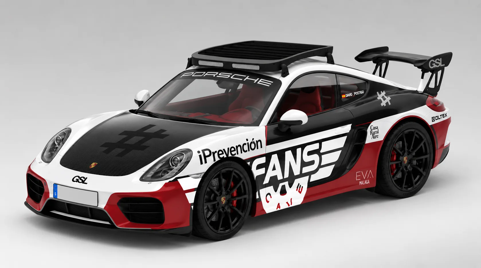 Render de la baca de techo montada en un Porsche Cayman, vista tres cuartos frontal