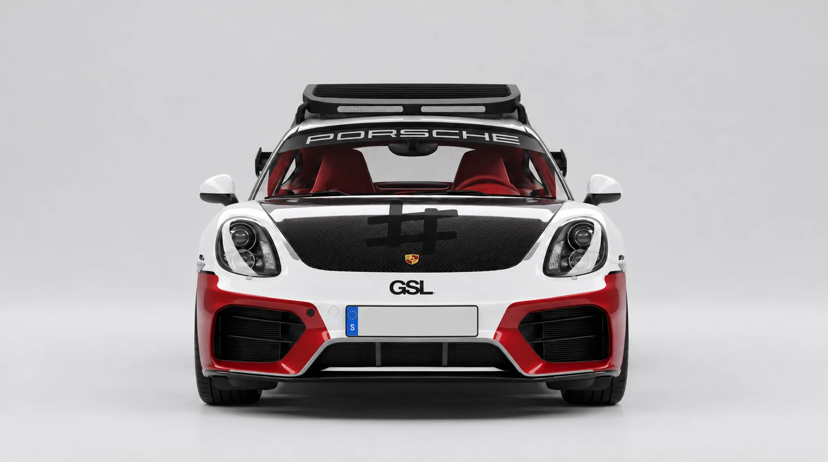 Render de la baca de techo en un Porsche Cayman, vista frontal