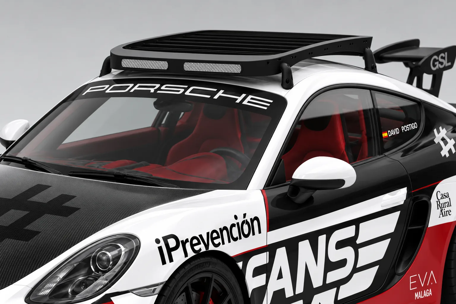 Render de la baca de techo sobre el Porsche Cayman, detalle frontal de la cesta y los reflectantes